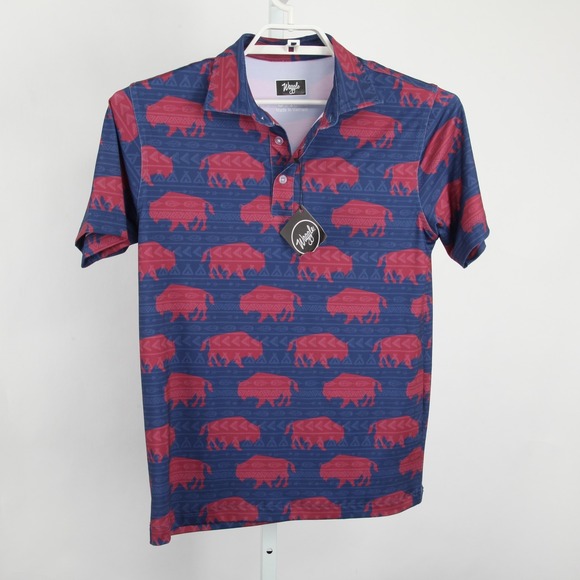 Waggle Polo Shirt Mens Small Blue Buffalo Allover Print Golf Performance Stretch - Picture 2 of 10